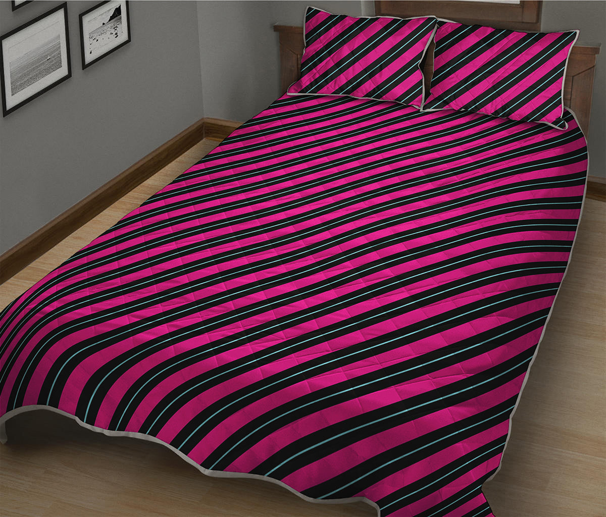 Hot Pink Black And Blue Stripes Print Quilt Bed Set