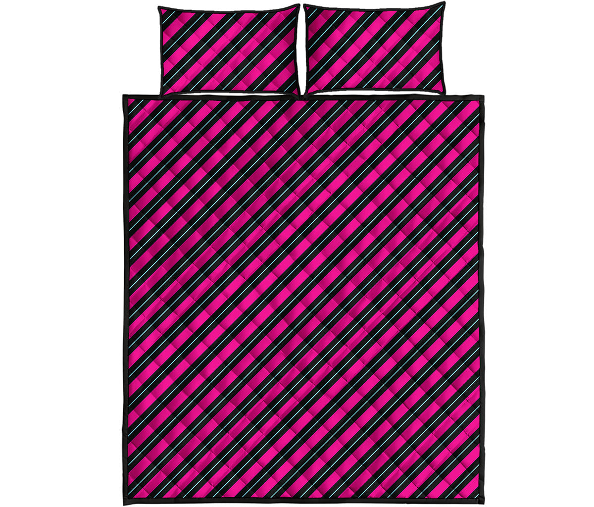Hot Pink Black And Blue Stripes Print Quilt Bed Set