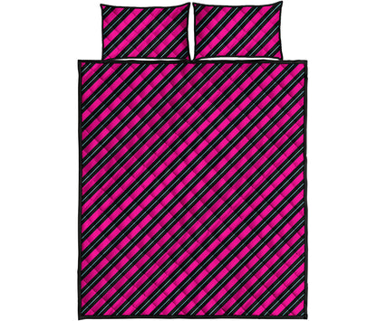 Hot Pink Black And Blue Stripes Print Quilt Bed Set