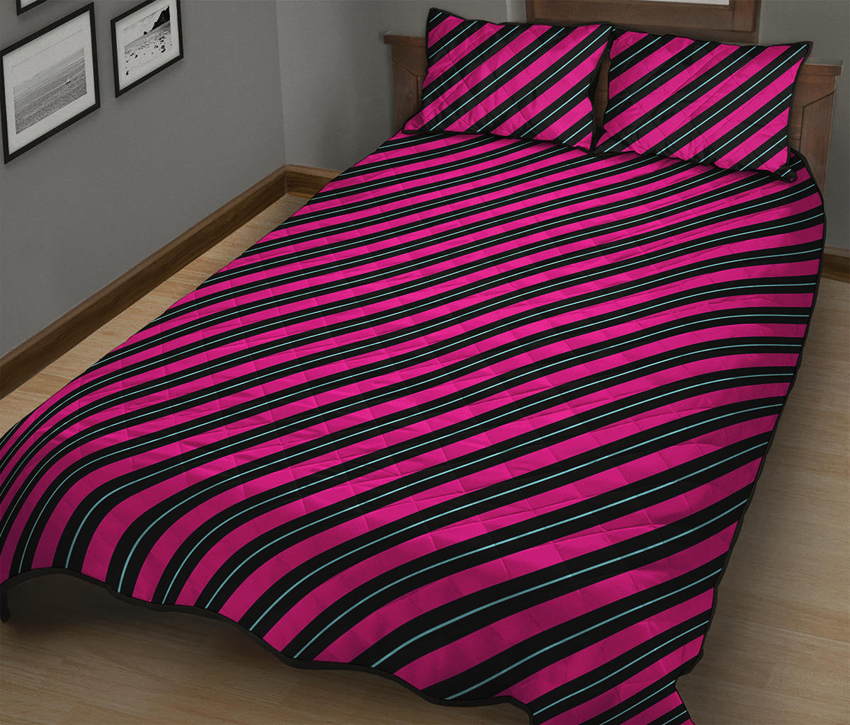 Hot Pink Black And Blue Stripes Print Quilt Bed Set