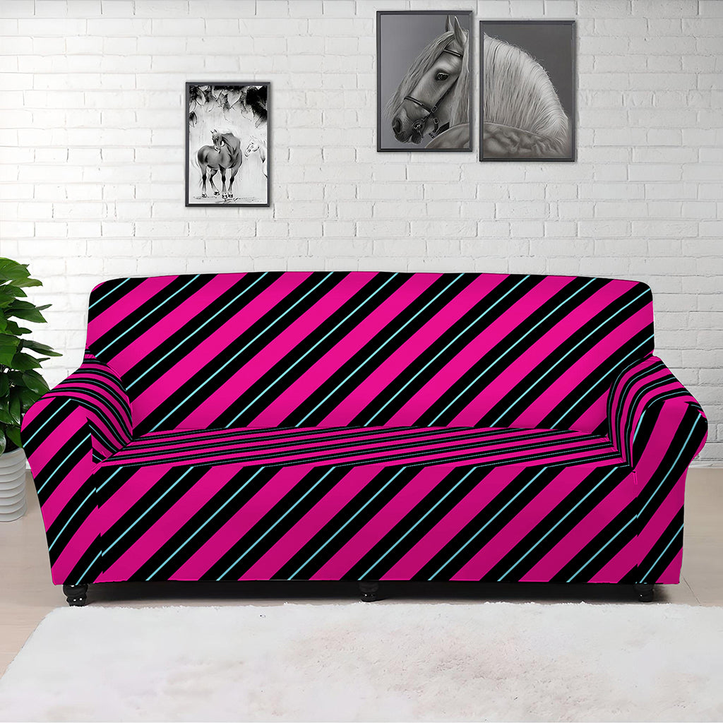 Hot Pink Black And Blue Stripes Print Sofa Cover