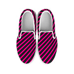 Hot Pink Black And Blue Stripes Print White Slip On Shoes