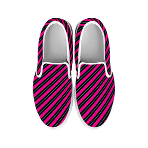 Hot Pink Black And Blue Stripes Print White Slip On Shoes