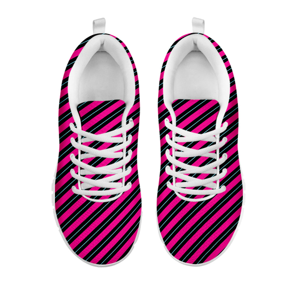 Hot Pink Black And Blue Stripes Print White Sneakers