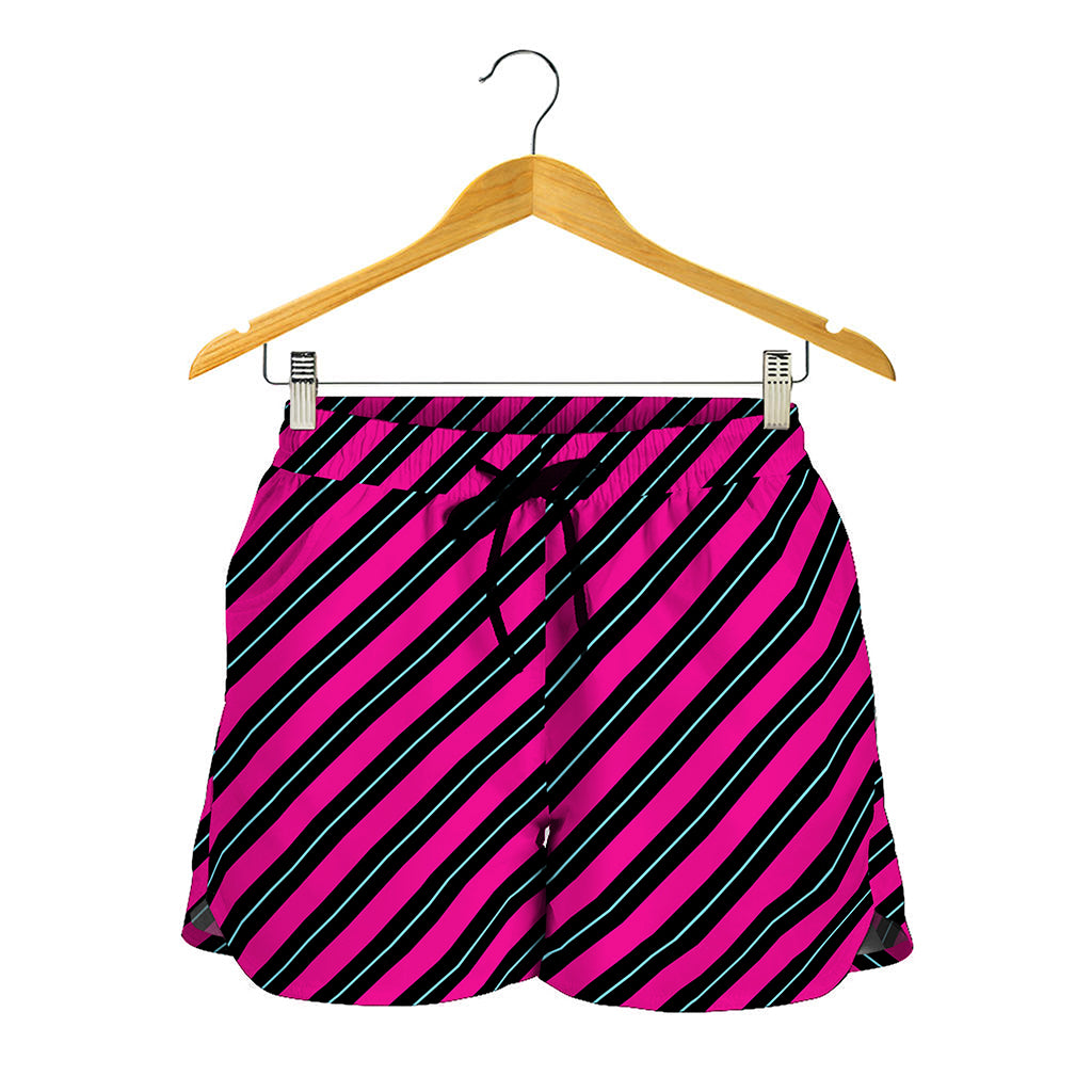 Hot Pink Black And Blue Stripes Print Women's Shorts