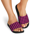 Hot Pink Buffalo Plaid Print Black Slide Sandals
