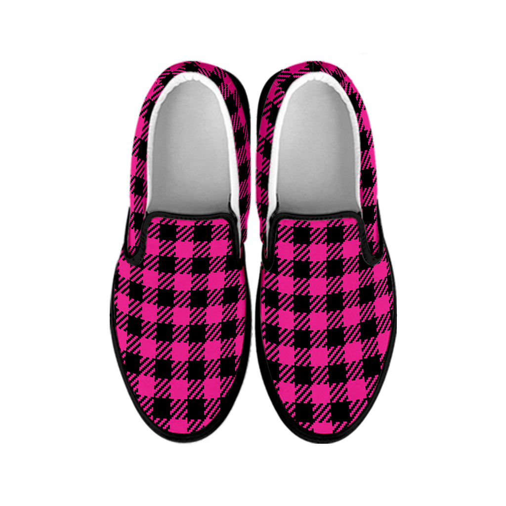 Hot Pink Buffalo Plaid Print Black Slip On Shoes