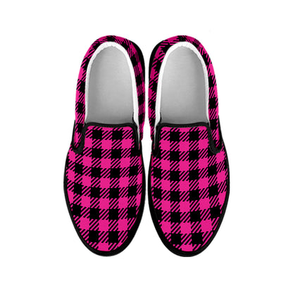 Hot Pink Buffalo Plaid Print Black Slip On Shoes