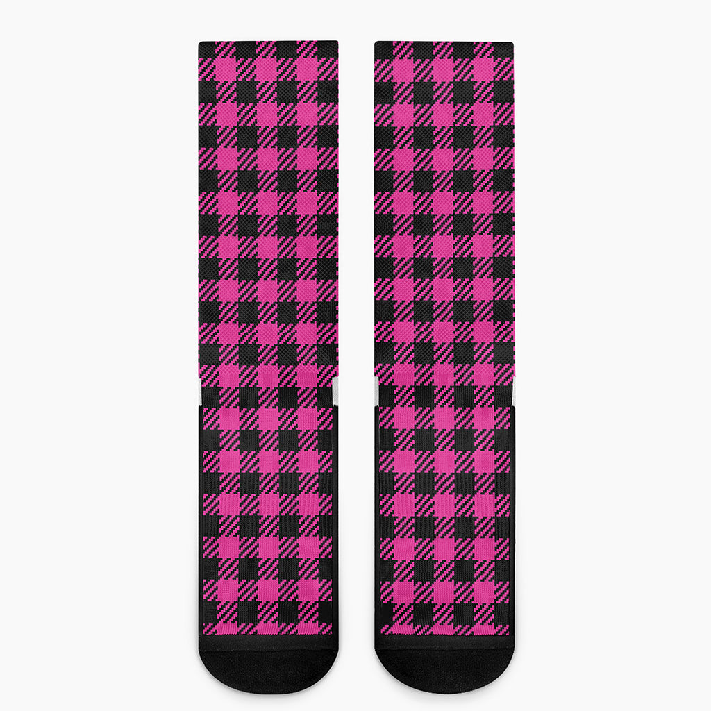 Hot Pink Buffalo Plaid Print Crew Socks