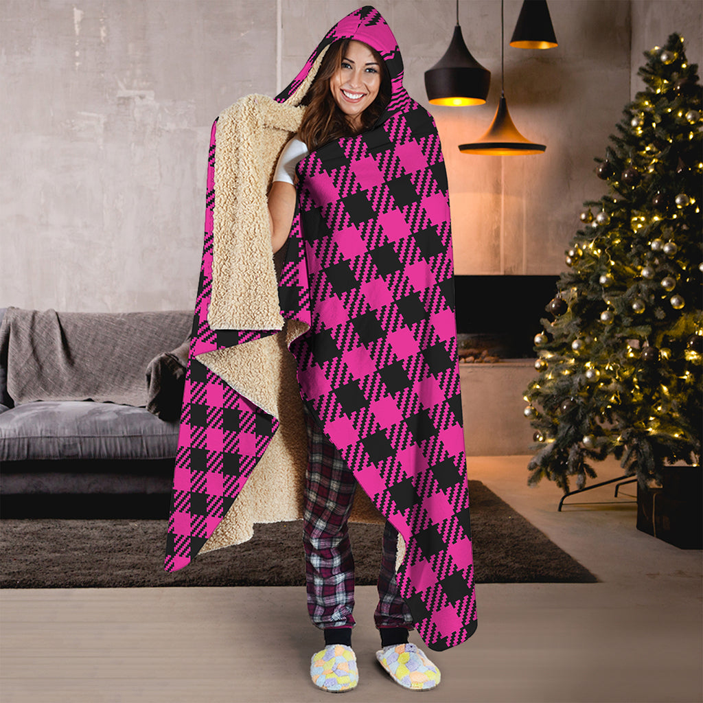 Hot Pink Buffalo Plaid Print Hooded Blanket