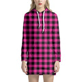 Hot Pink Buffalo Plaid Print Pullover Hoodie Dress