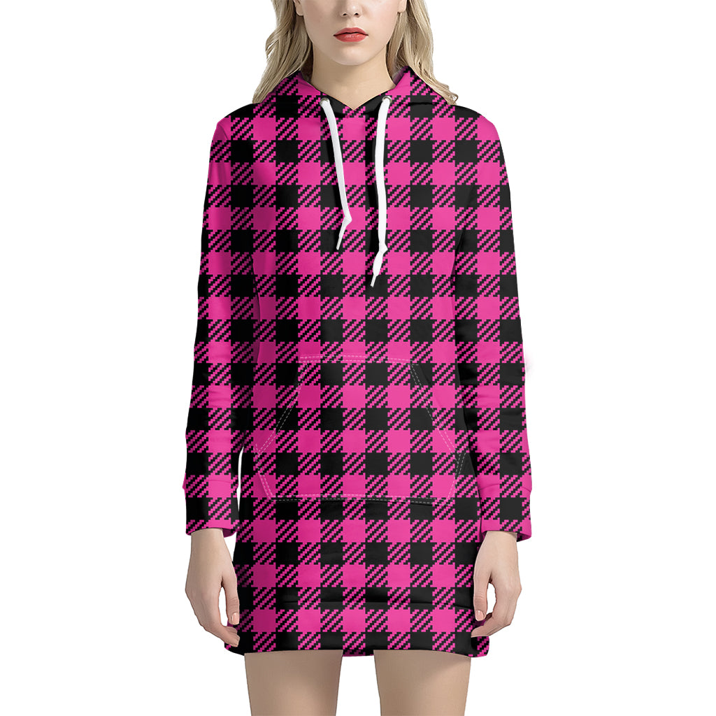 Hot Pink Buffalo Plaid Print Hoodie Dress