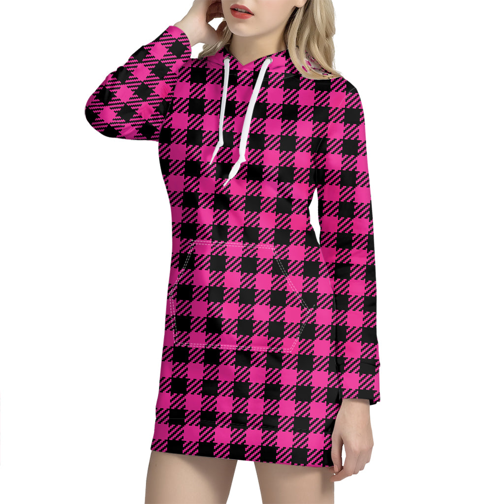 Hot Pink Buffalo Plaid Print Hoodie Dress