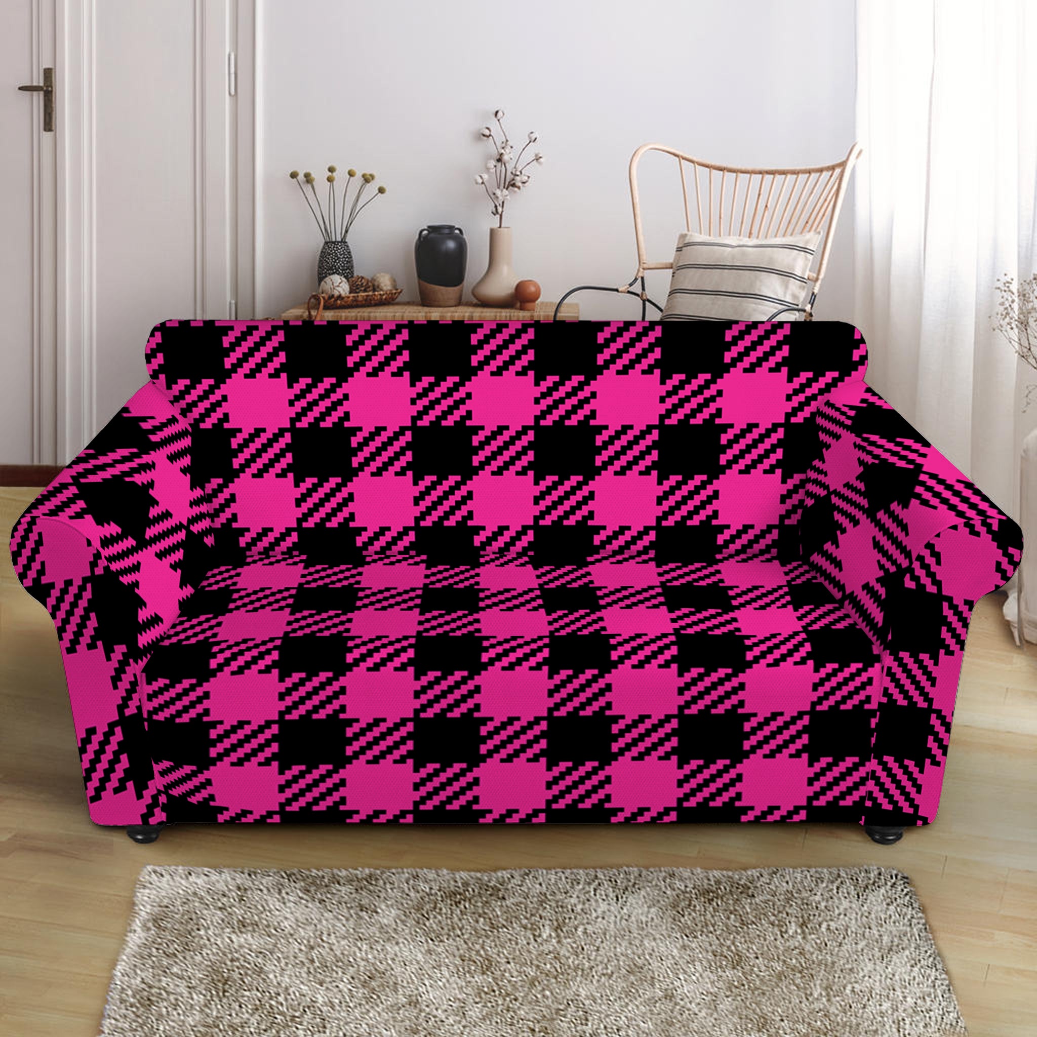 Hot Pink Buffalo Plaid Print Loveseat Slipcover