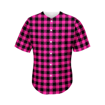 Hot Pink Buffalo Plaid Print Men's Baseball Jersey