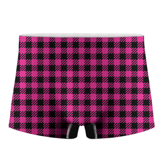 Hot Pink Buffalo Plaid Print Men's Boxer Briefs