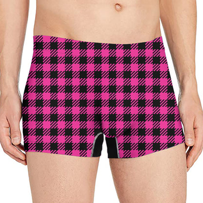 Hot Pink Buffalo Plaid Print Men's Boxer Briefs