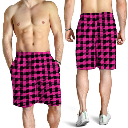 Hot Pink Buffalo Plaid Print Men's Shorts