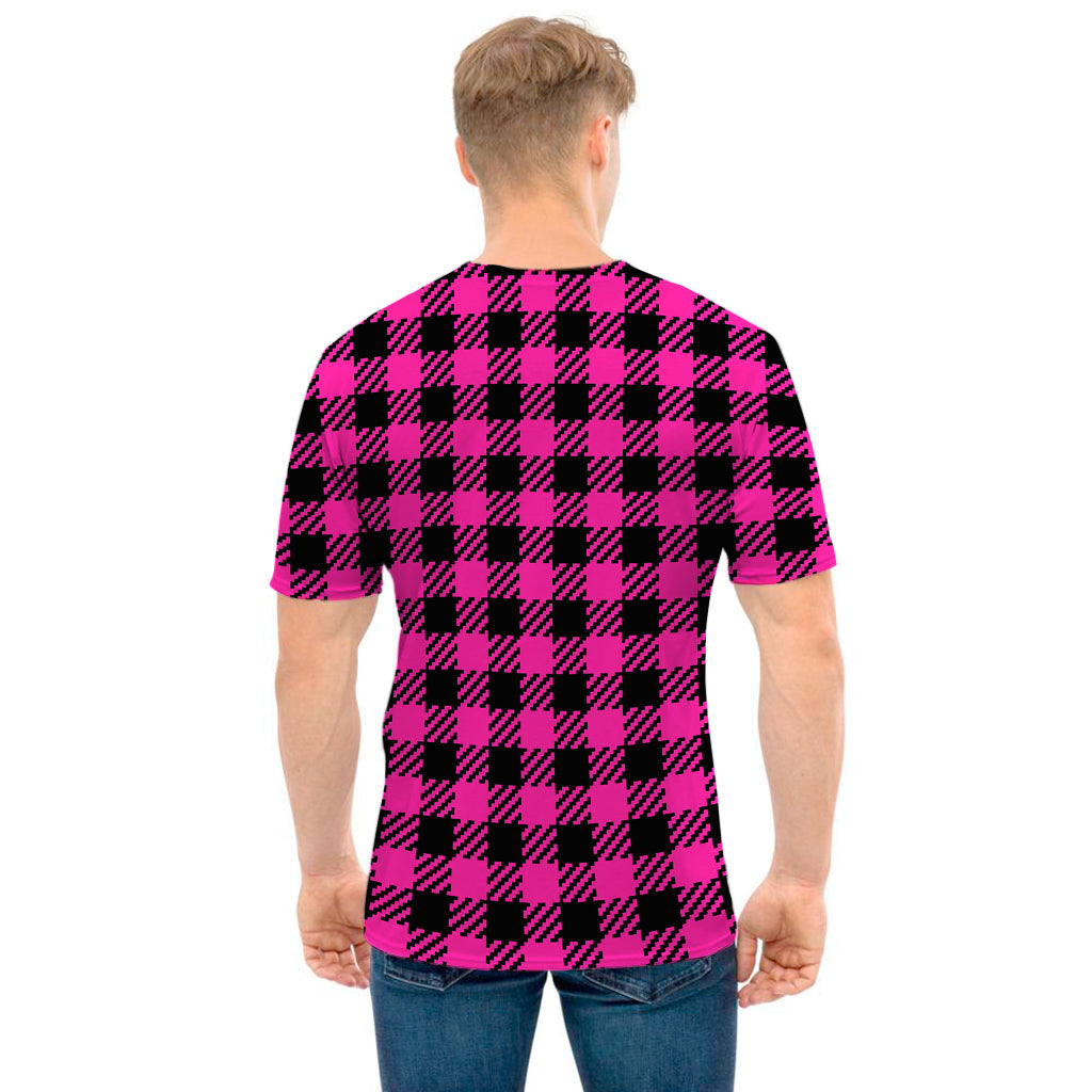 Hot Pink Buffalo Plaid Print Men's T-Shirt