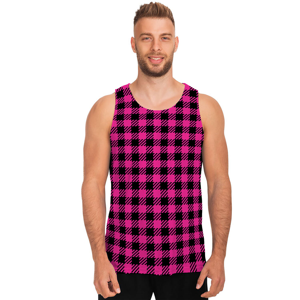 Hot Pink Buffalo Plaid Print Men's Tank Top