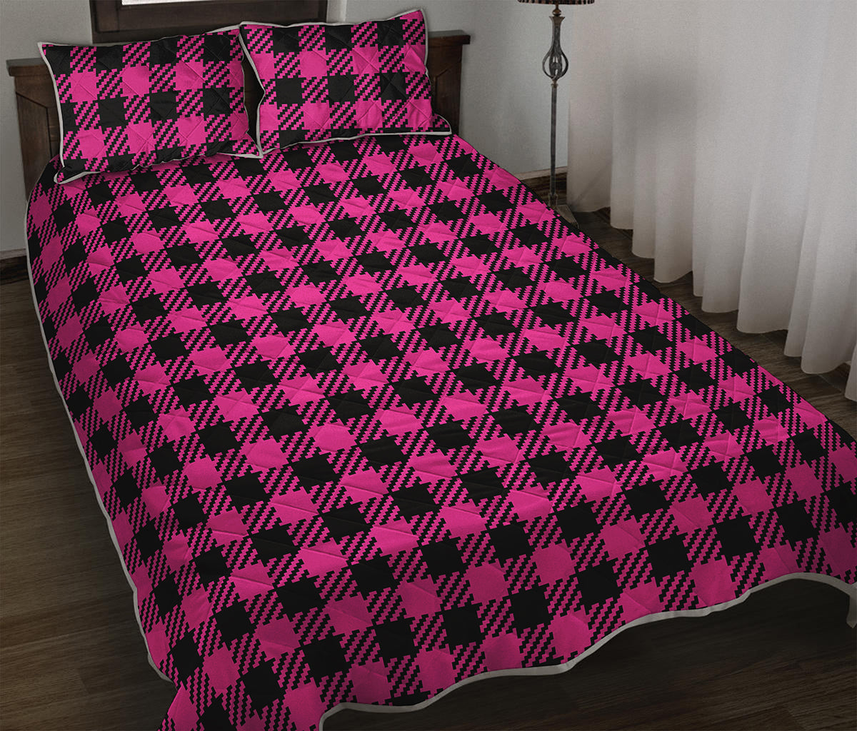 Hot Pink Buffalo Plaid Print Quilt Bed Set