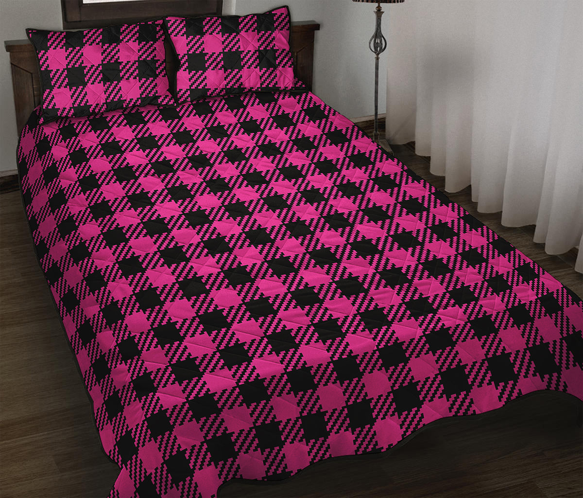 Hot Pink Buffalo Plaid Print Quilt Bed Set