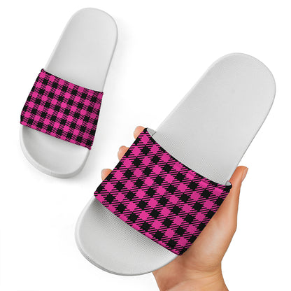 Hot Pink Buffalo Plaid Print White Slide Sandals