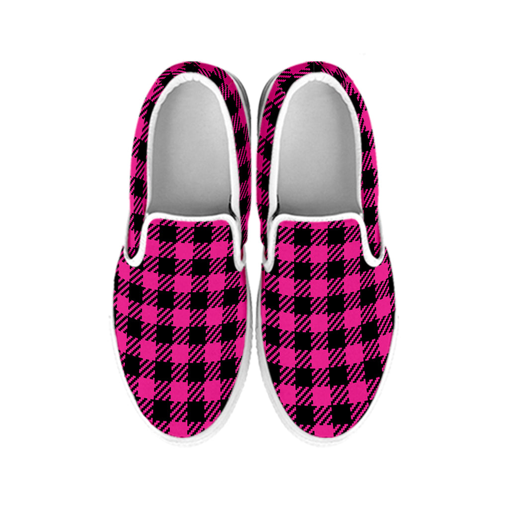 Hot Pink Buffalo Plaid Print White Slip On Shoes