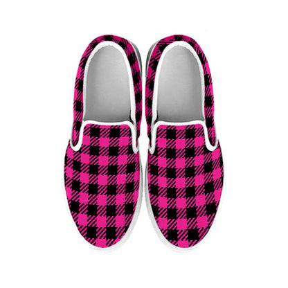 Hot Pink Buffalo Plaid Print White Slip On Shoes