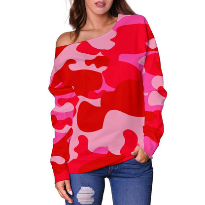 Hot Pink Camouflage Print Off Shoulder Sweatshirt GearFrost