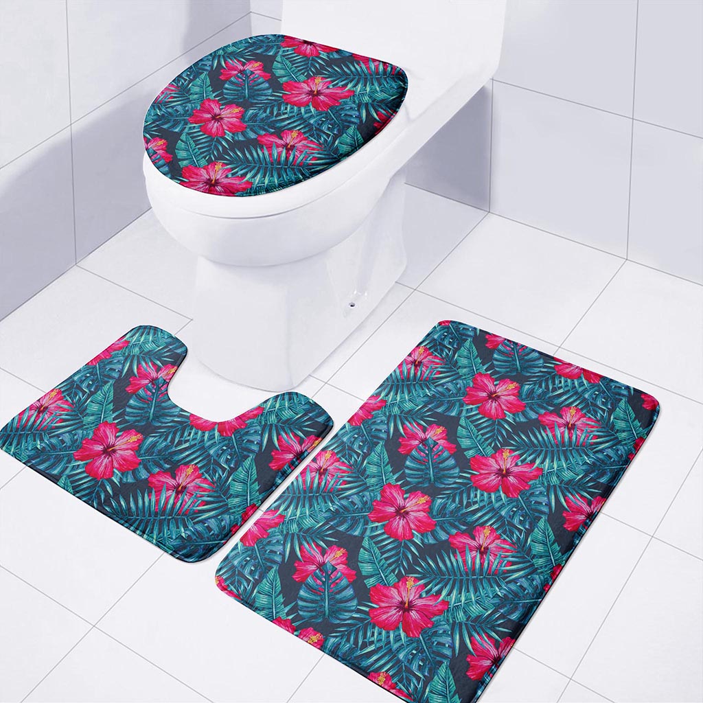 Hot Pink Hibiscus Tropical Pattern Print 3 Piece Bath Mat Set