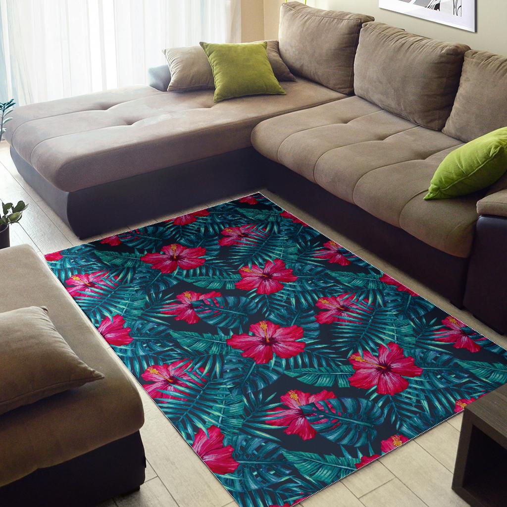 Hot Pink Hibiscus Tropical Pattern Print Area Rug GearFrost