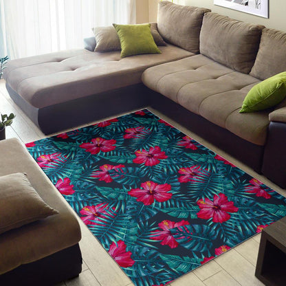 Hot Pink Hibiscus Tropical Pattern Print Area Rug GearFrost