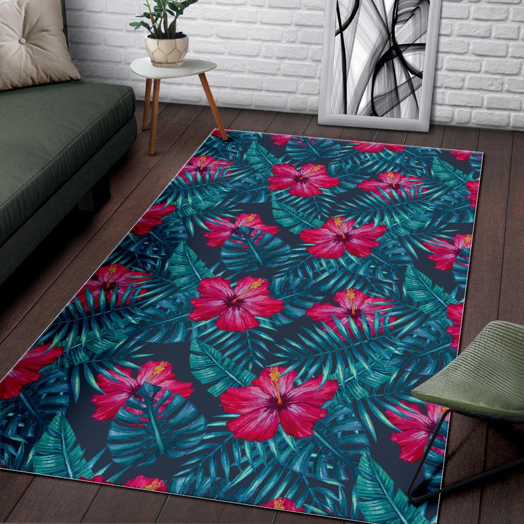 Hot Pink Hibiscus Tropical Pattern Print Area Rug GearFrost