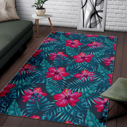 Hot Pink Hibiscus Tropical Pattern Print Area Rug GearFrost