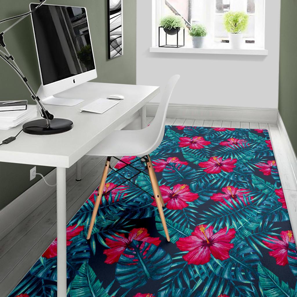 Hot Pink Hibiscus Tropical Pattern Print Area Rug GearFrost