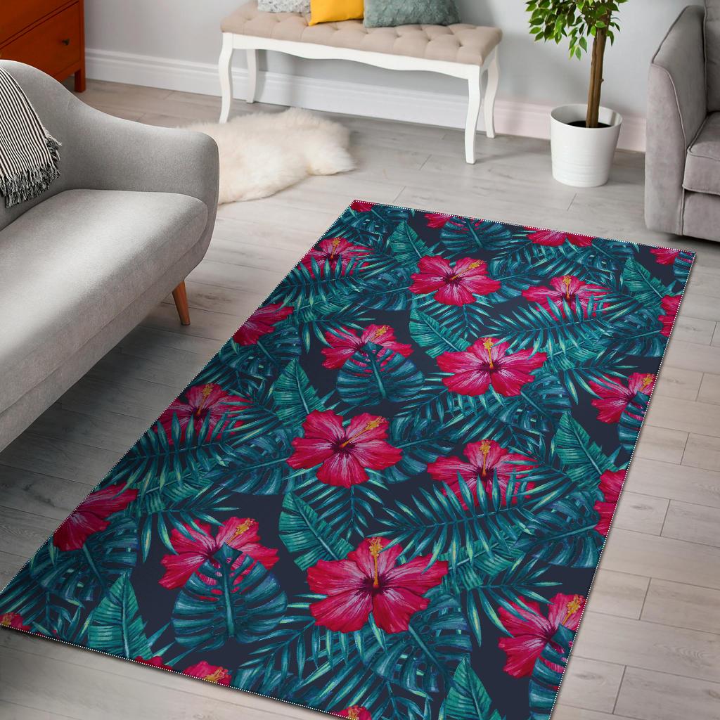Hot Pink Hibiscus Tropical Pattern Print Area Rug GearFrost