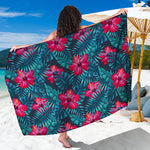 Hot Pink Hibiscus Tropical Pattern Print Beach Sarong Wrap