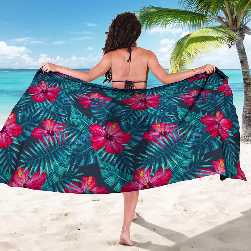 Hot Pink Hibiscus Tropical Pattern Print Beach Sarong Wrap