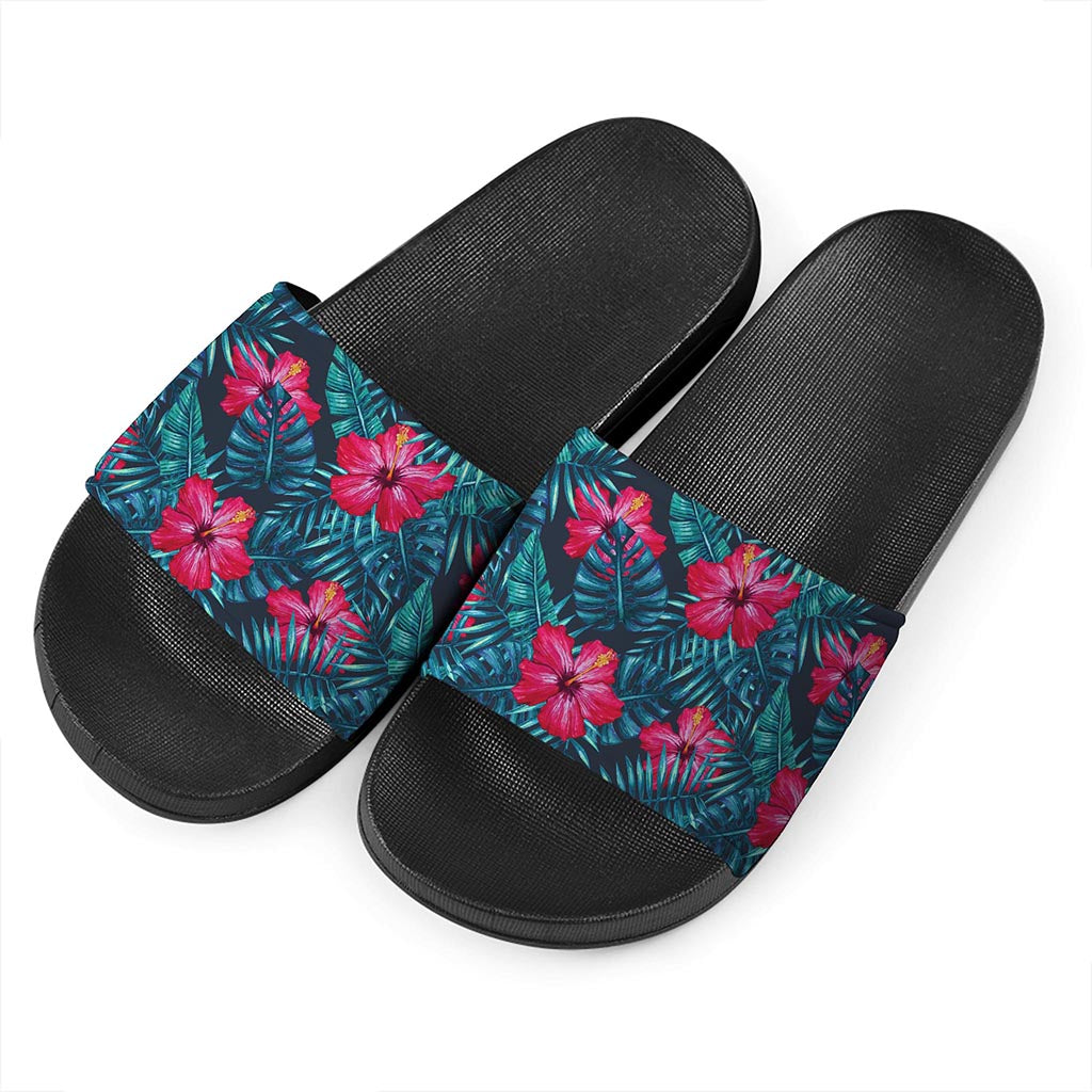 Hot Pink Hibiscus Tropical Pattern Print Black Slide Sandals