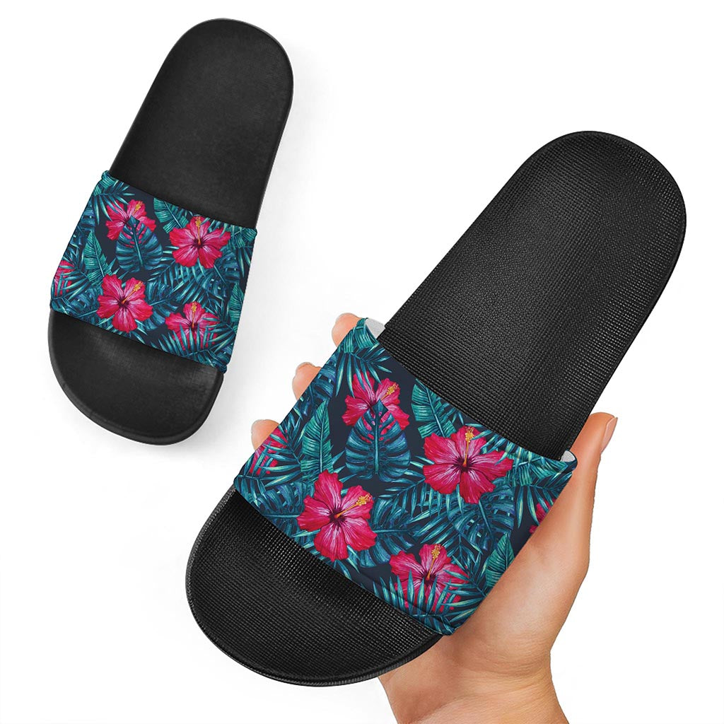 Hot Pink Hibiscus Tropical Pattern Print Black Slide Sandals