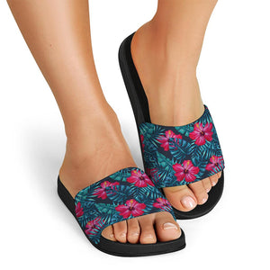 Hot Pink Hibiscus Tropical Pattern Print Black Slide Sandals