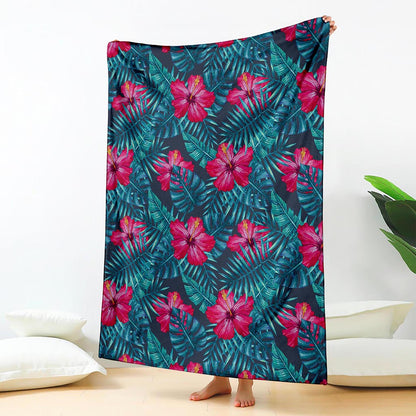 Hot Pink Hibiscus Tropical Pattern Print Blanket