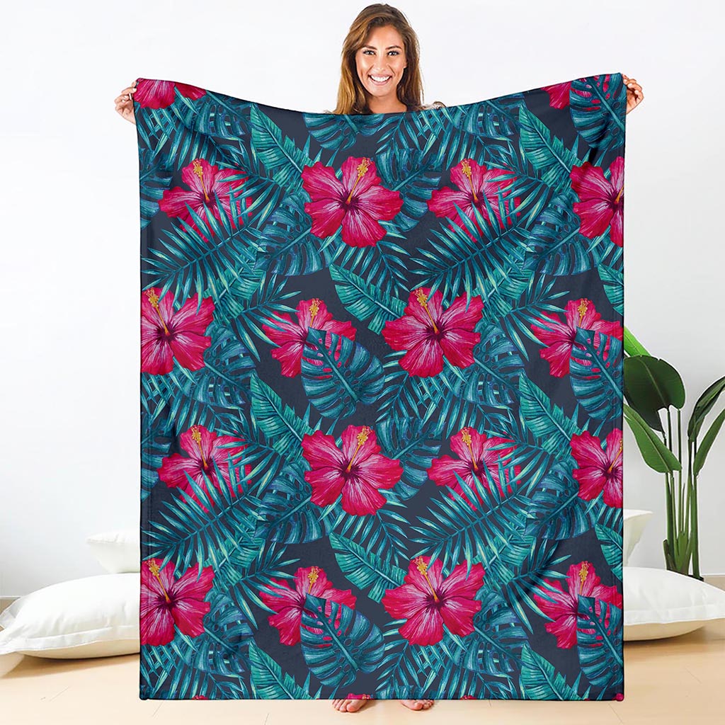 Hot Pink Hibiscus Tropical Pattern Print Blanket