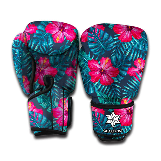 Hot Pink Hibiscus Tropical Pattern Print Boxing Gloves