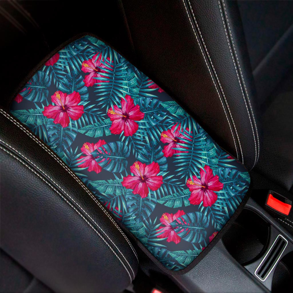 Hot Pink Hibiscus Tropical Pattern Print Car Center Console Cover
