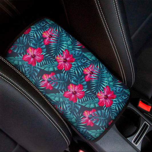 Hot Pink Hibiscus Tropical Pattern Print Car Center Console Cover