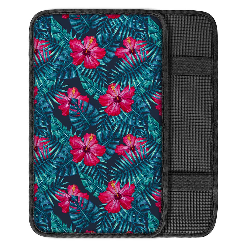 Hot Pink Hibiscus Tropical Pattern Print Car Center Console Cover