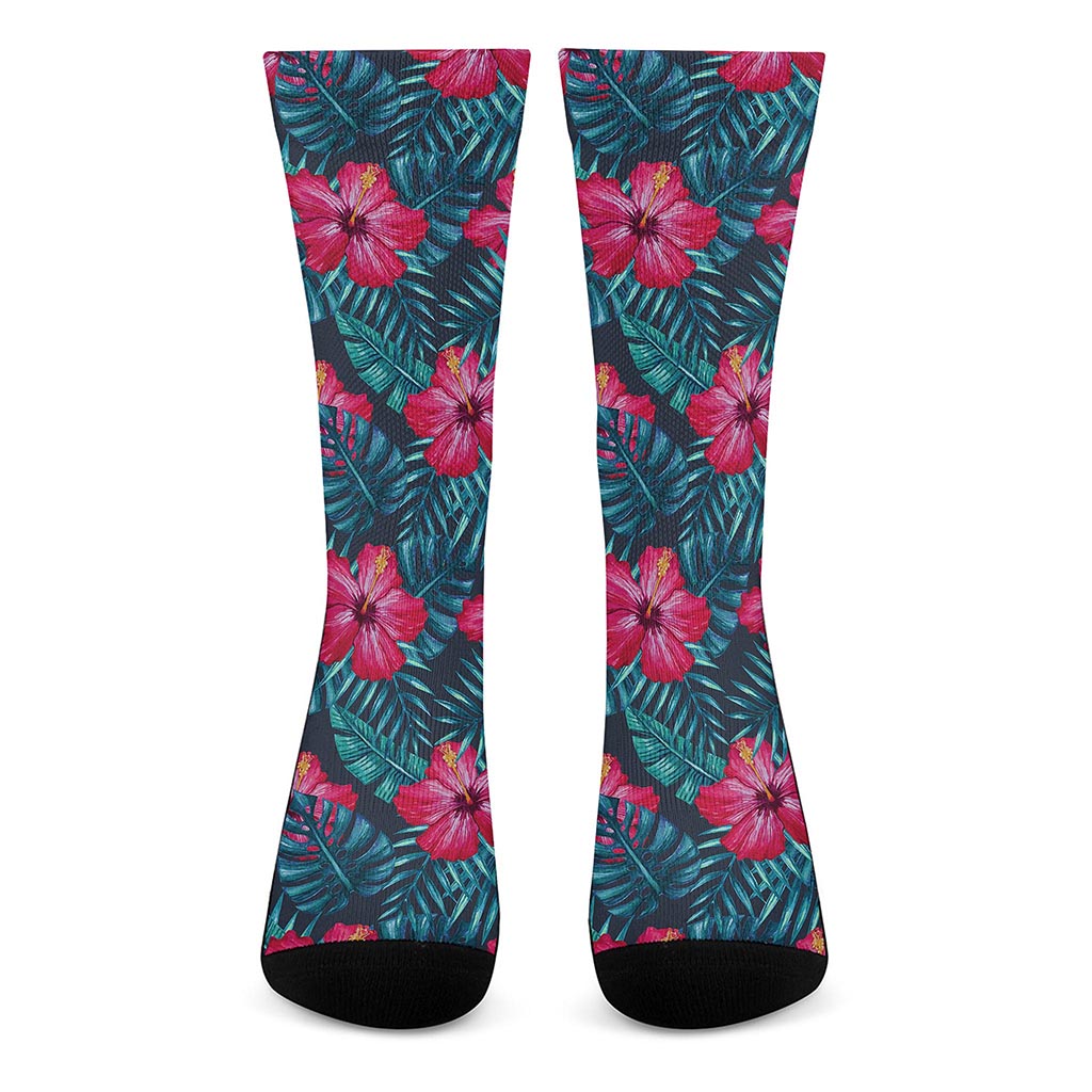 Hot Pink Hibiscus Tropical Pattern Print Crew Socks