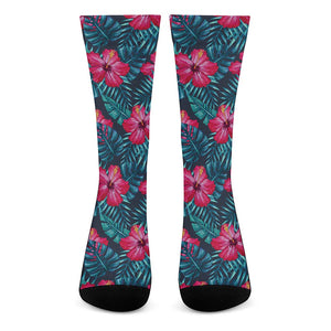 Hot Pink Hibiscus Tropical Pattern Print Crew Socks